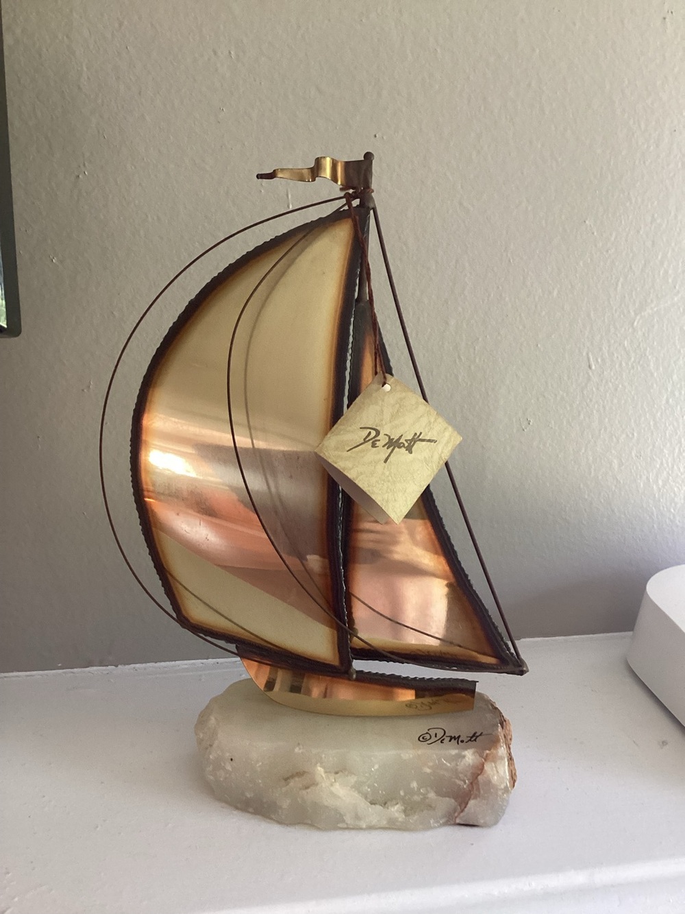 Vintage Signed Brass & Copper Sailboat Sculpture